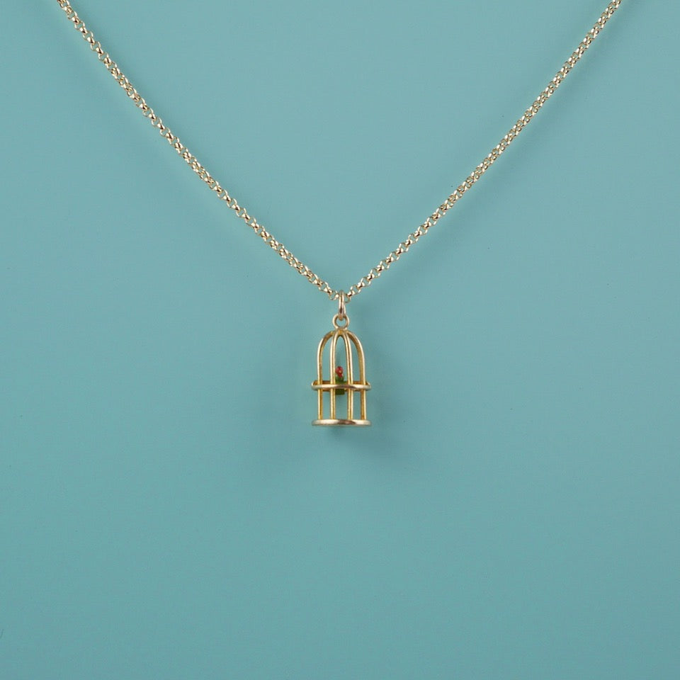 Gold Birdcage Charm - Blue Bowl