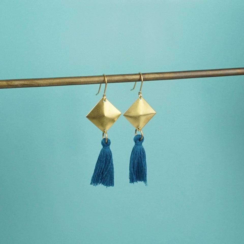 Gold Tassel Earrings - Blue Bowl