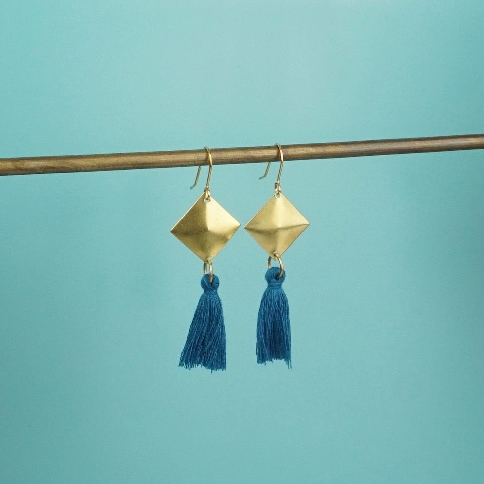Gold Tassel Earrings - Blue Bowl